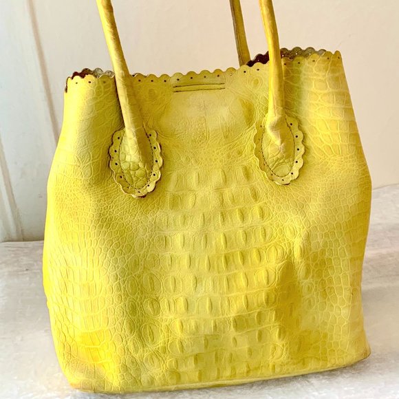 FURLA Yellow Crocodile Embossed Leather Divided Two Top Handle Tote Bag - Picture 1 of 7